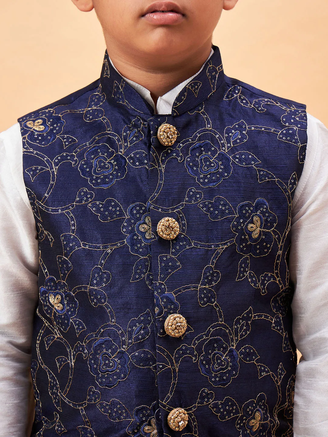 Boy's Navy Blue And White Jacket, Kurta And Pyjama Set - Vastramay Boys