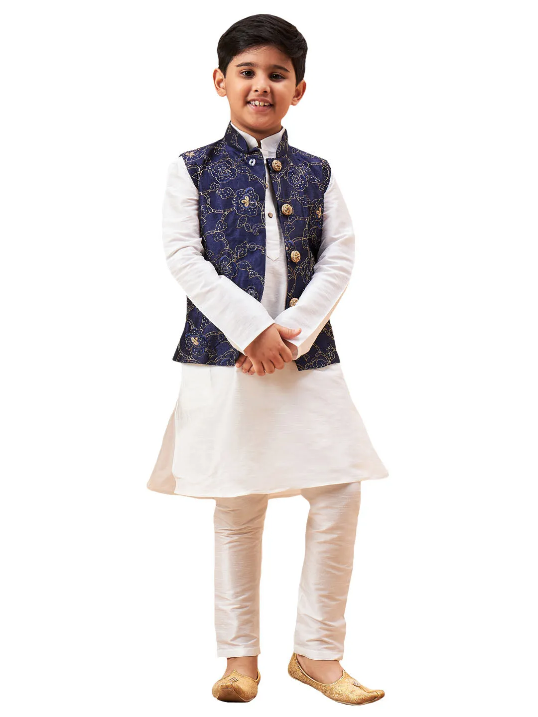 Boy's Navy Blue And White Jacket, Kurta And Pyjama Set - Vastramay Boys