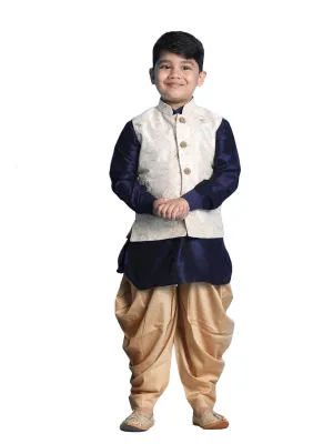 Boy's Navy Blue, Beige And Rose Gold Jacket, Kurta And Dhoti Set - Vastramay Boys