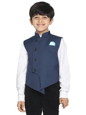 Boy's Navy Blue Cotton Blend Nehru Jacket - JBN Creation