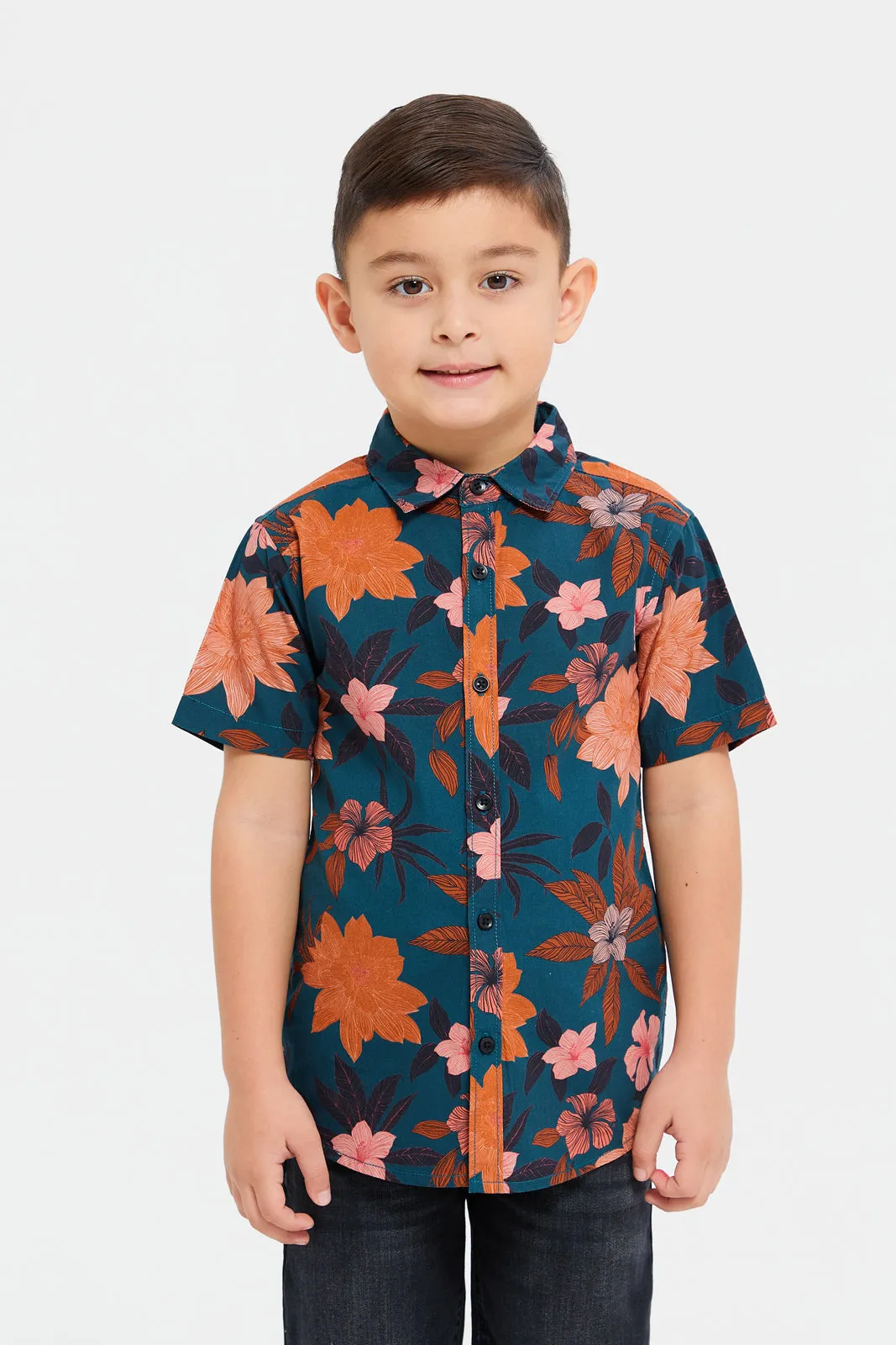 Boys Navy Floral Print Shirt