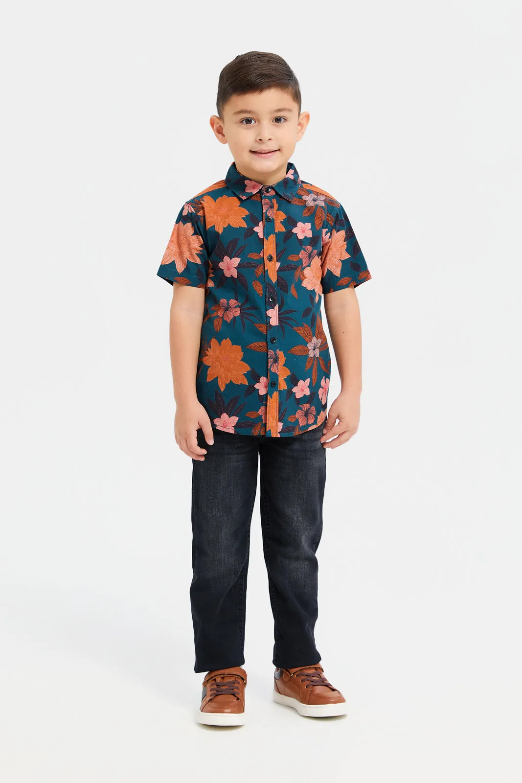 Boys Navy Floral Print Shirt