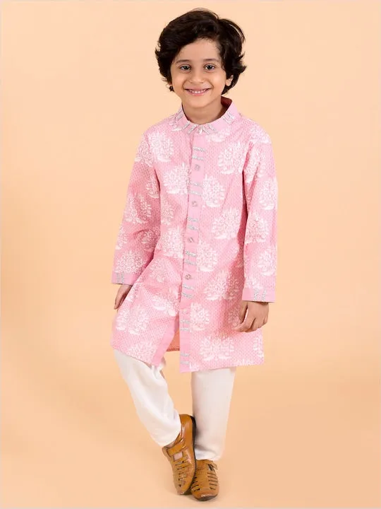 Boys  Pink Floral Printed Panelled Pure Cotton Kurta With Pyjamas - Ps Peaches