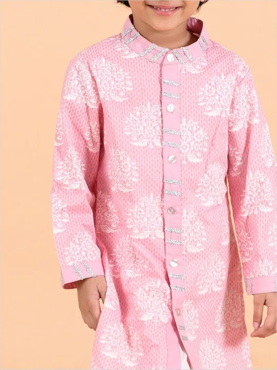 Boys  Pink Floral Printed Panelled Pure Cotton Kurta With Pyjamas - Ps Peaches