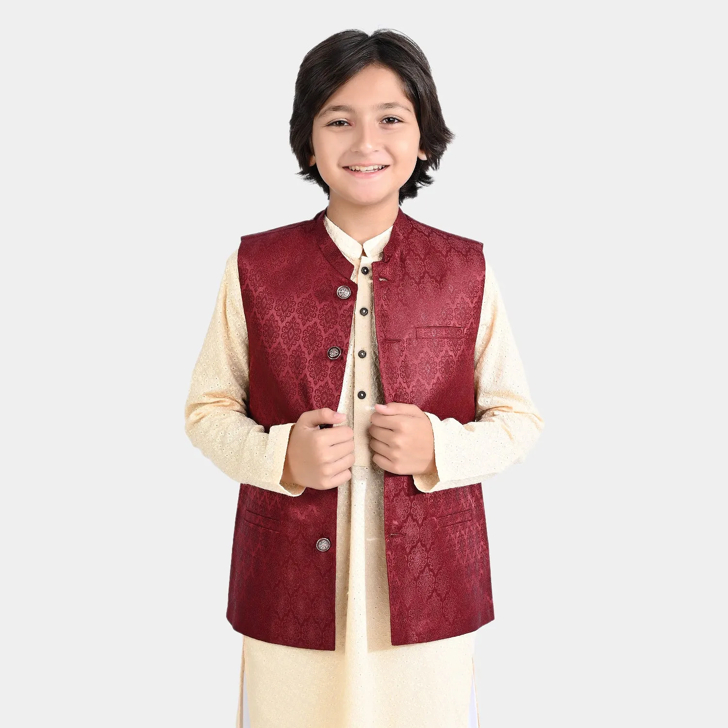 Boys Poly Viscose Waistcoat (Jamawar Maroon)-MAROON