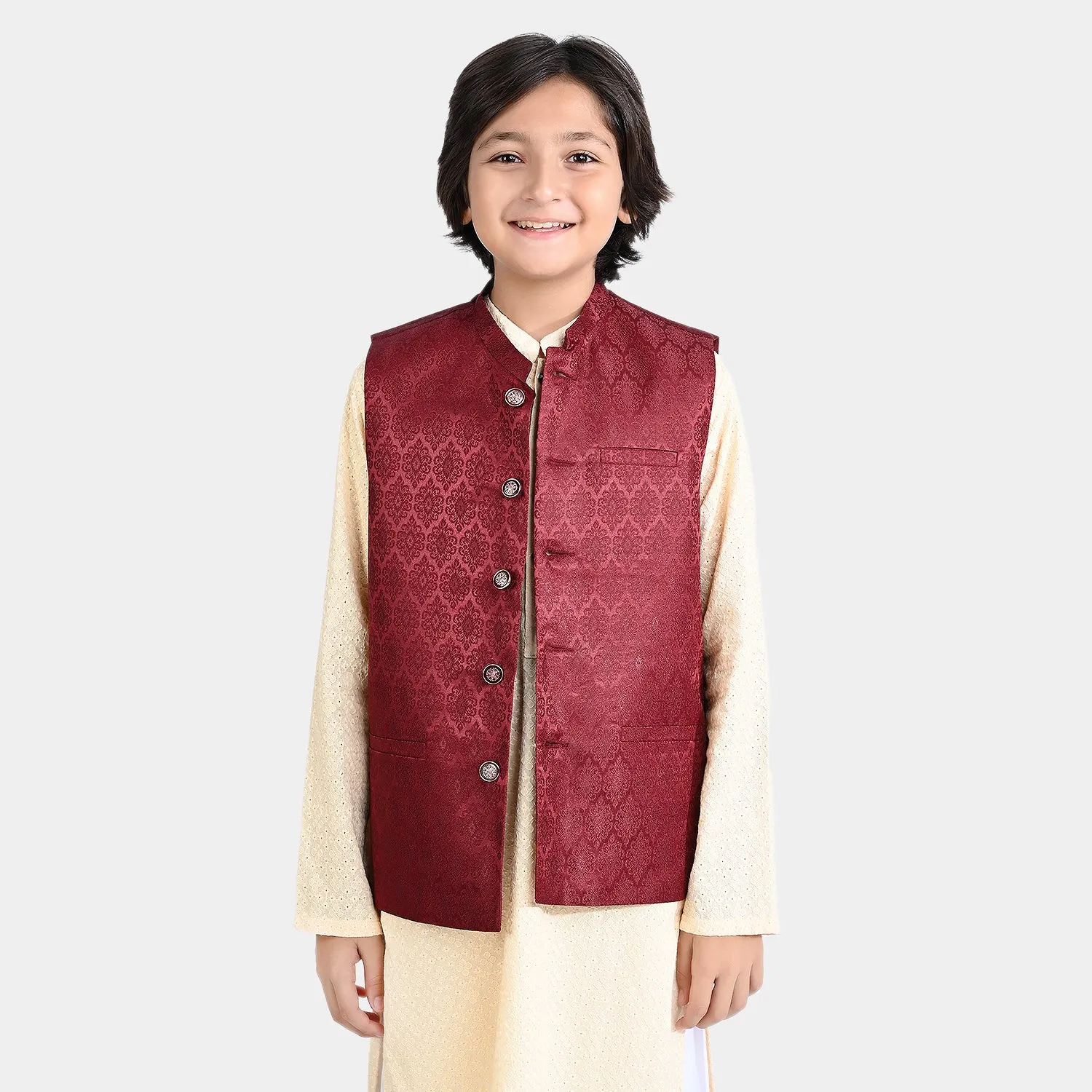 Boys Poly Viscose Waistcoat (Jamawar Maroon)-MAROON