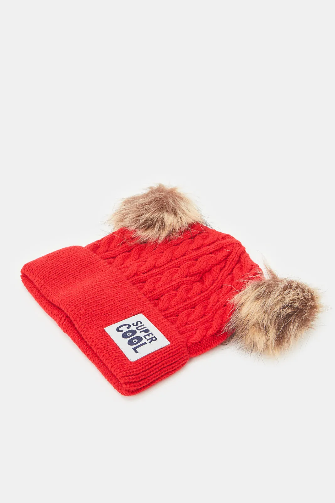 Boys Red And Beige Knitted Cap Set (2 Piece)