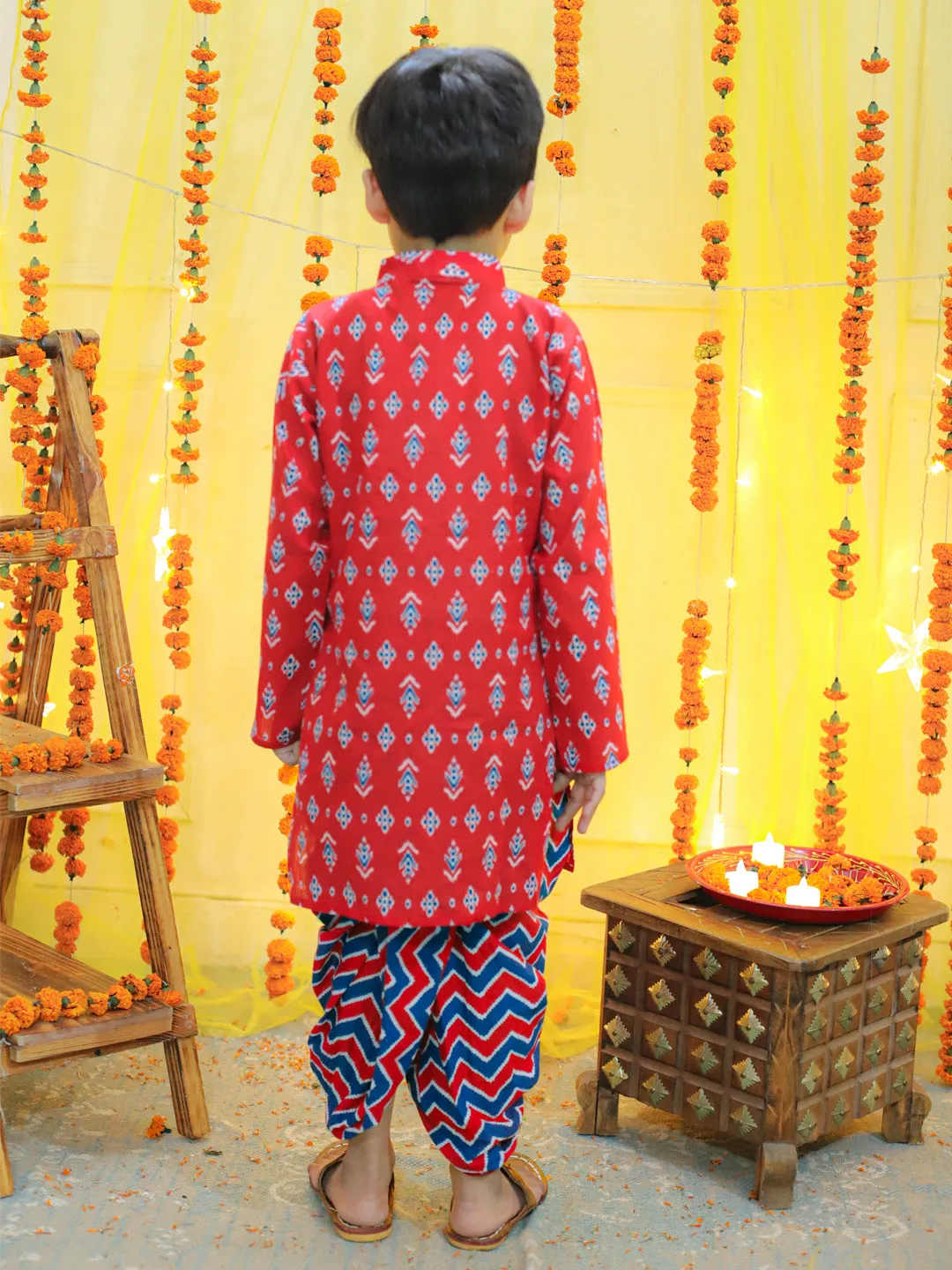 Boy's Red Ethnic Festive Wear Pure Cotton Full Sleeve Dhoti Kurta - BOWNBEE