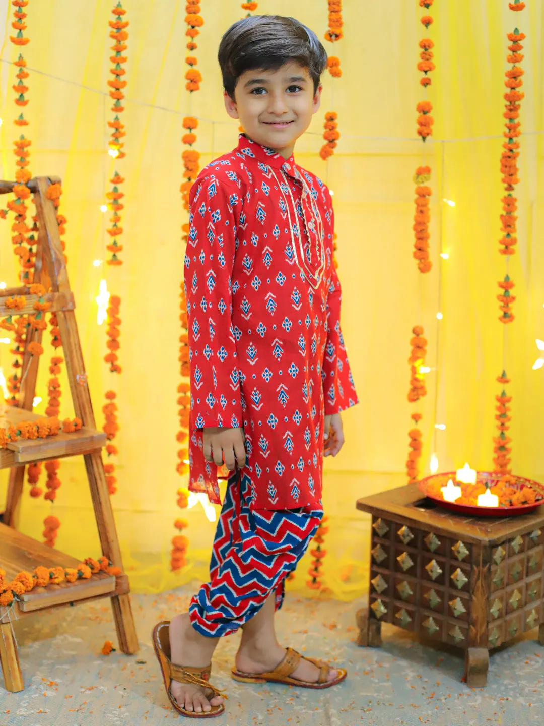 Boy's Red Ethnic Festive Wear Pure Cotton Full Sleeve Dhoti Kurta - BOWNBEE