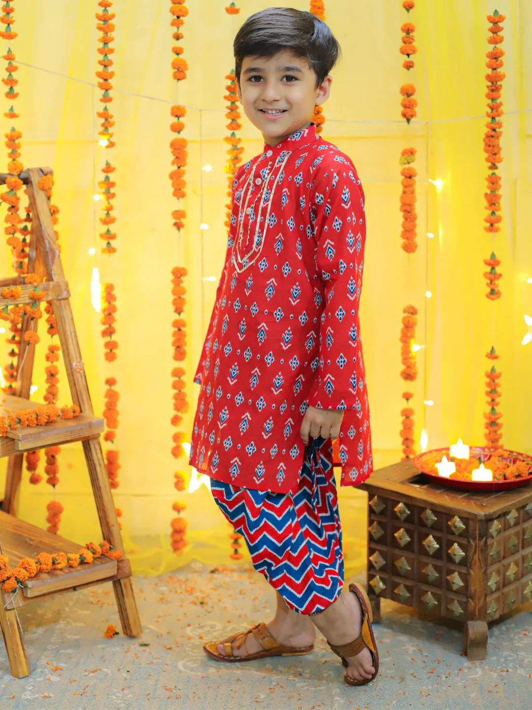 Boy's Red Ethnic Festive Wear Pure Cotton Full Sleeve Dhoti Kurta - BOWNBEE