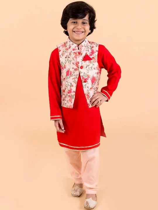 Boys  Red Floral Layered Pure Cotton Kurta Pyjama With Jacket - Ps Peaches