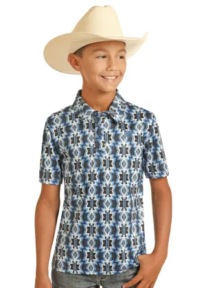 Boy's Rock & Roll Blue Aztec Printed Polo