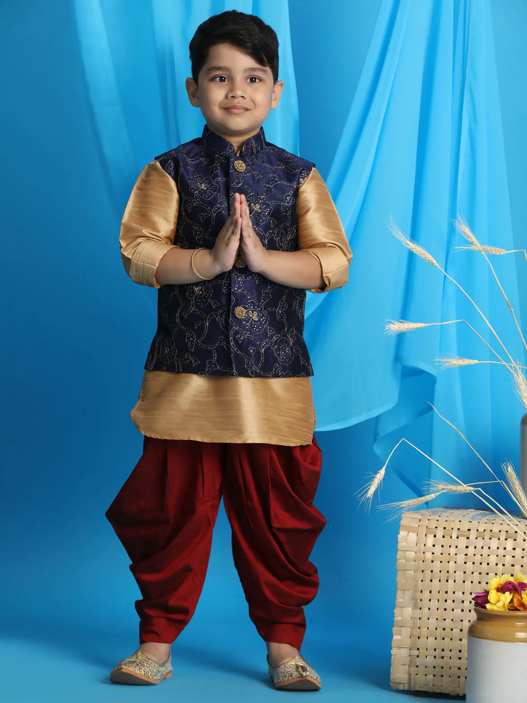 Boy's Rose Gold, Navy Blue And Maroon Jacket, Kurta And Dhoti Set - Vastramay Boys