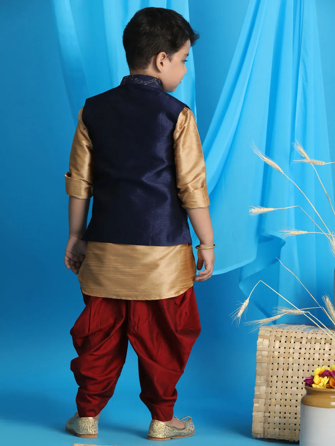 Boy's Rose Gold, Navy Blue And Maroon Jacket, Kurta And Dhoti Set - Vastramay Boys