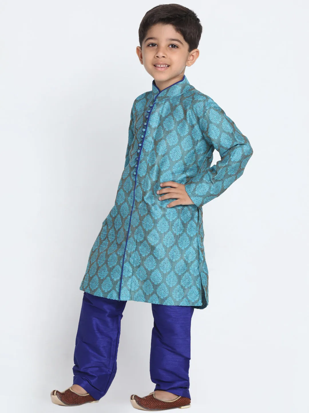 Boy's Sky Blue Silk Blend Kurta Pyjama Set - JBN Creation