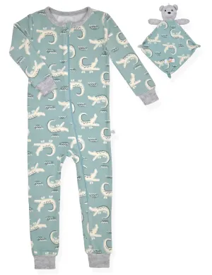 Boys Super Soft Snuggle Jersey Zip-Up Coverall Pajama with Blankey Buddy - Crocodile.