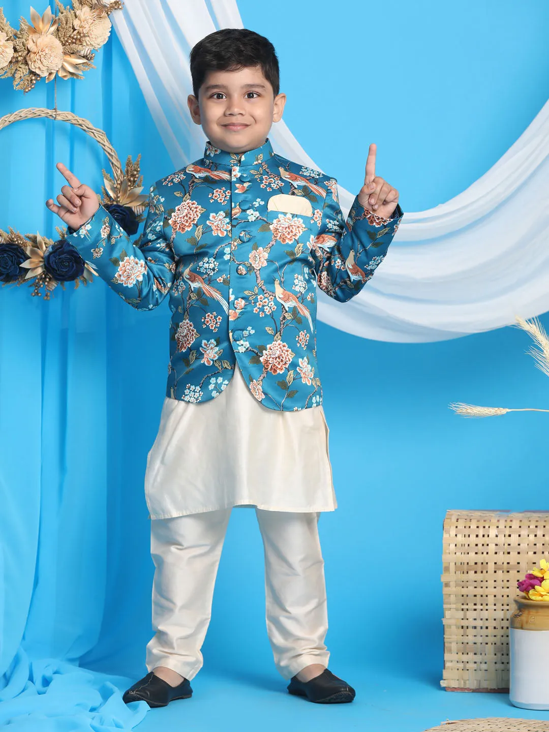 Boy's Turquoise And Cream Ethnic Combo Set - Vastramay Boys