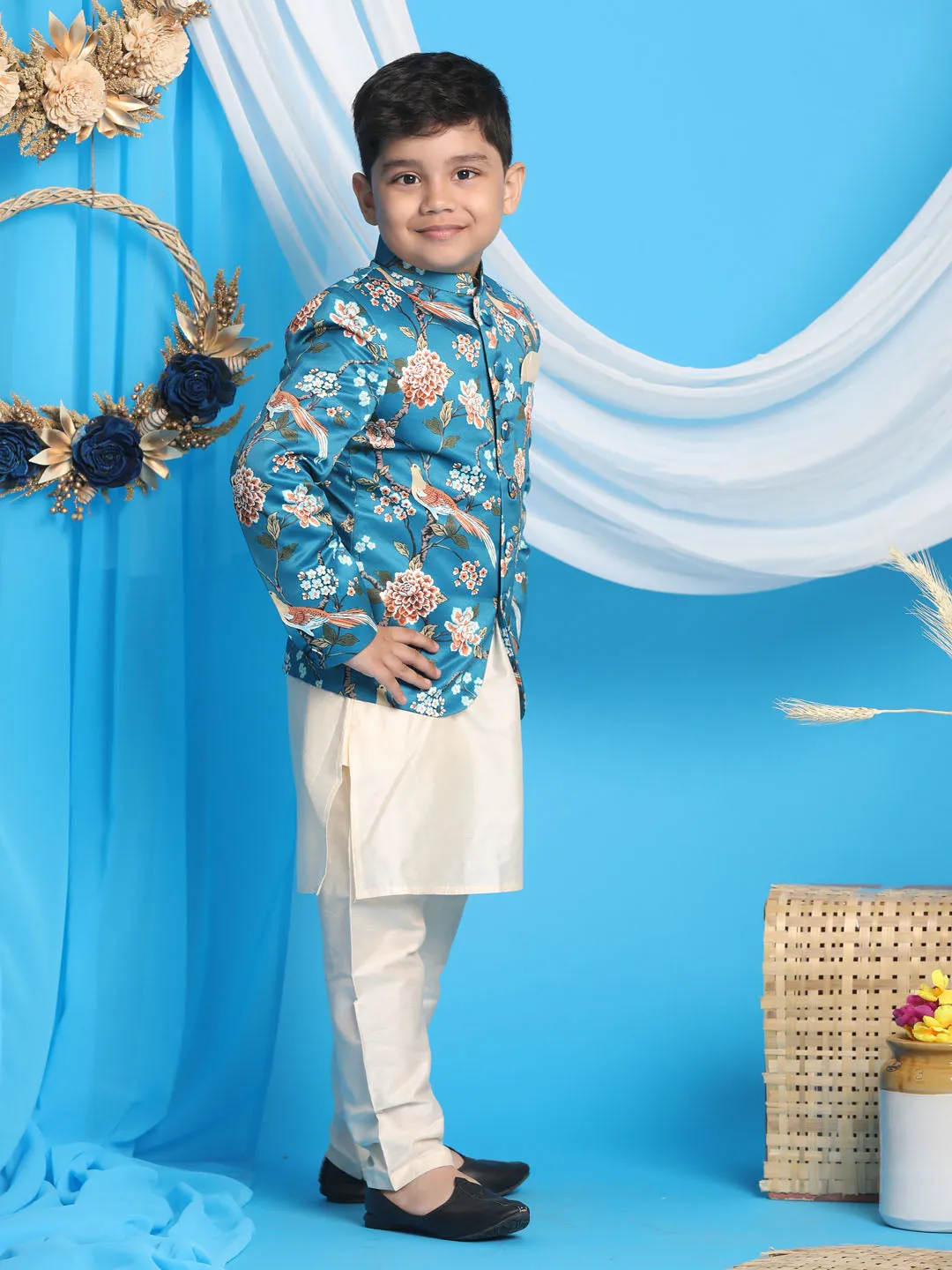 Boy's Turquoise And Cream Ethnic Combo Set - Vastramay Boys