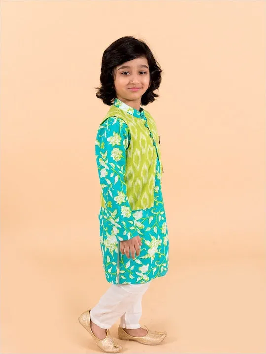 Boys  Turquoise Blue Ethnic Motifs Embroidered Pure Cotton Kurta With Salwar - Ps Peaches