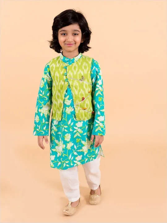 Boys  Turquoise Blue Ethnic Motifs Embroidered Pure Cotton Kurta With Salwar - Ps Peaches