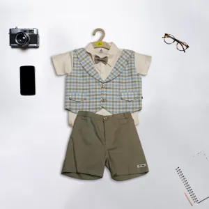 Boys White and Blue Checkered Shirt, Waistcoat and Shorts Formal Set with Bow