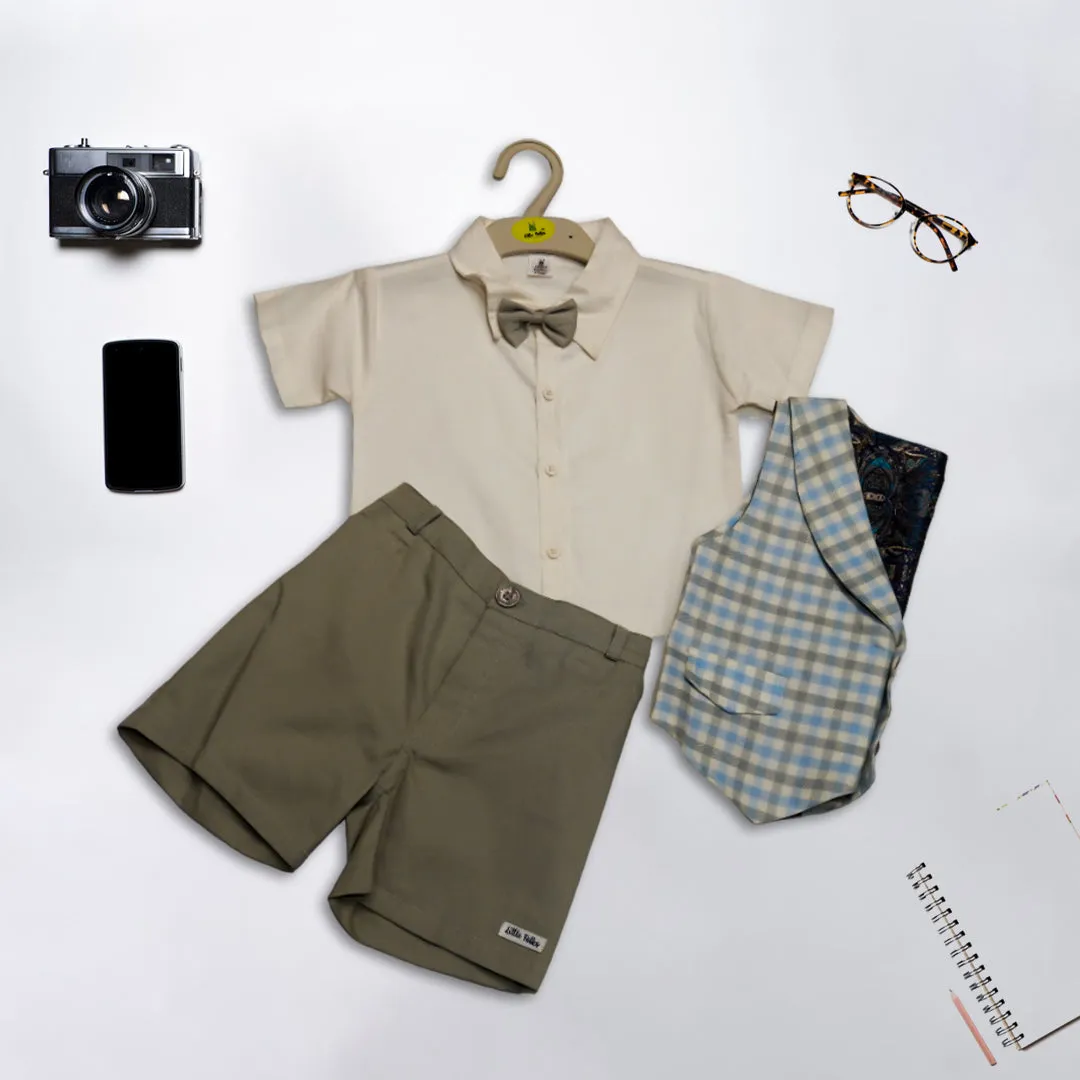 Boys White and Blue Checkered Shirt, Waistcoat and Shorts Formal Set with Bow