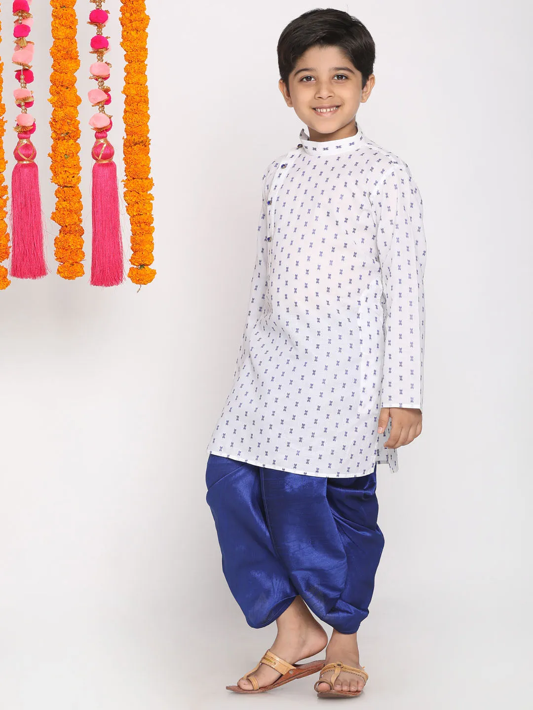 Boy's White And Blue Kurta And Dhoti Set - Vastramay Boys