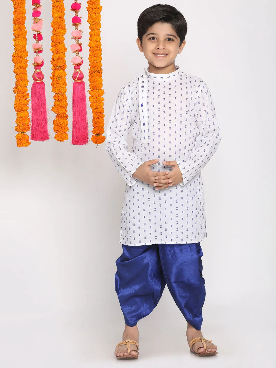 Boy's White And Blue Kurta And Dhoti Set - Vastramay Boys