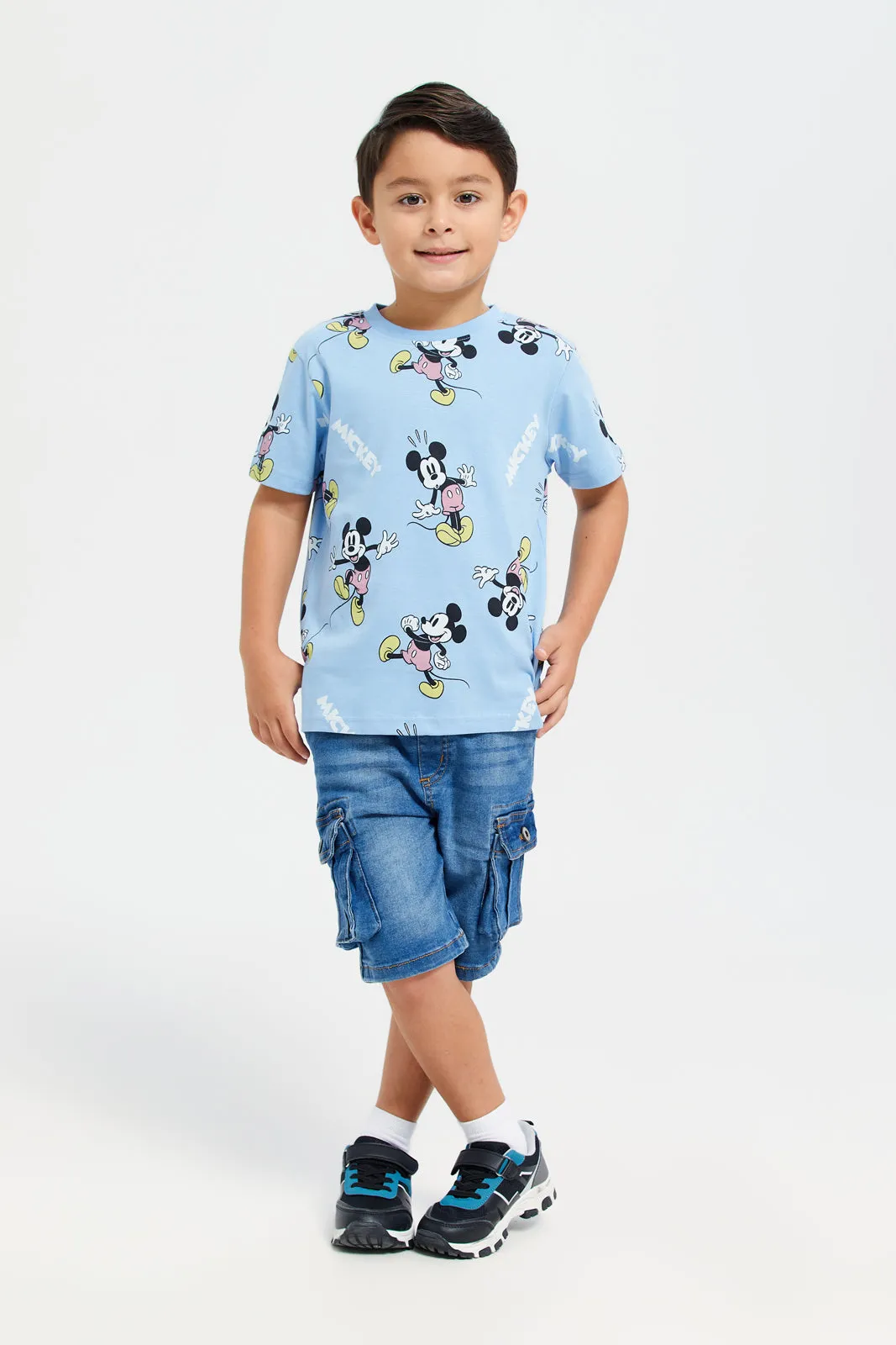 Boys White And Blue Mickey Mouse Print T-Shirt Set (Pack Of 2)