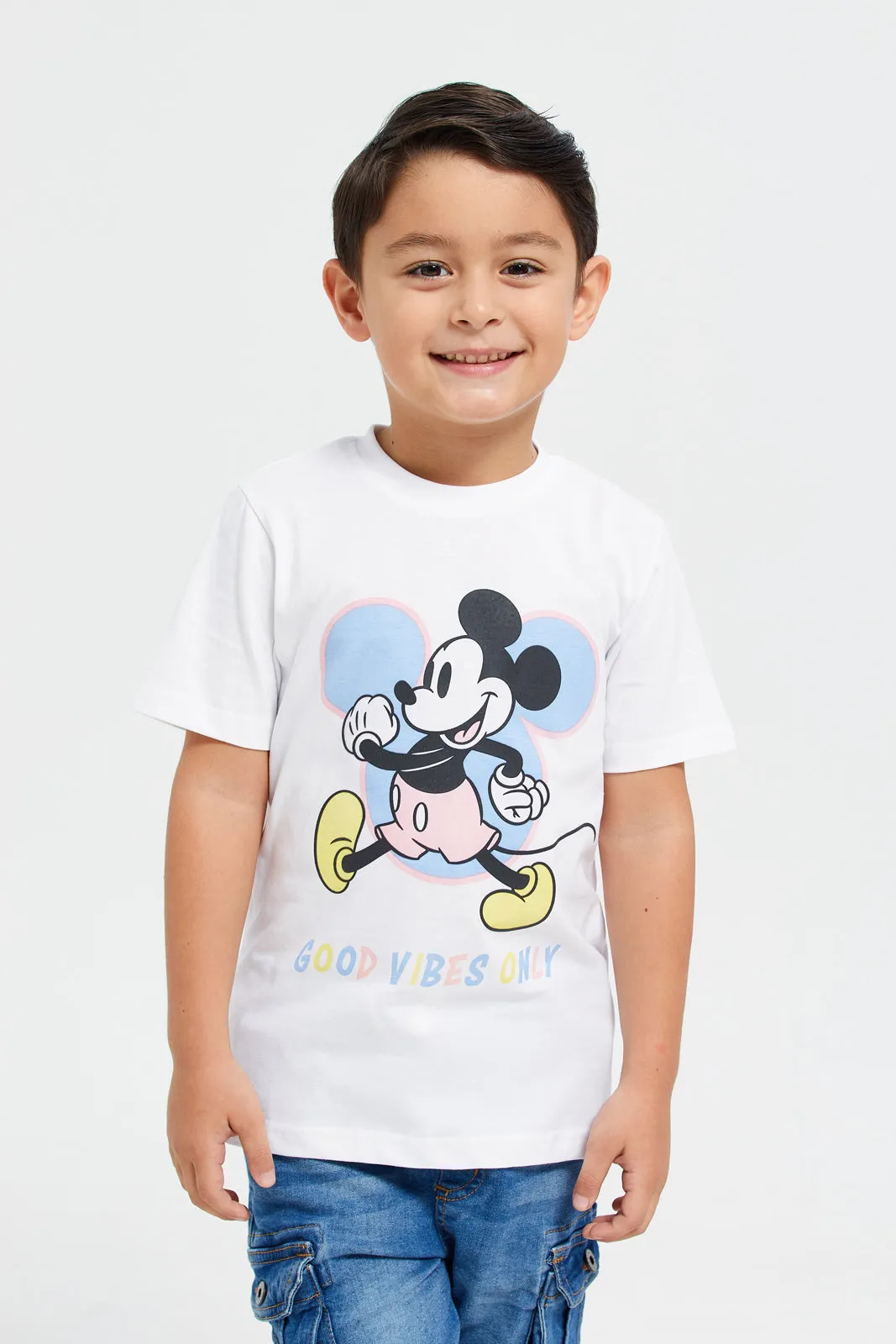 Boys White And Blue Mickey Mouse Print T-Shirt Set (Pack Of 2)