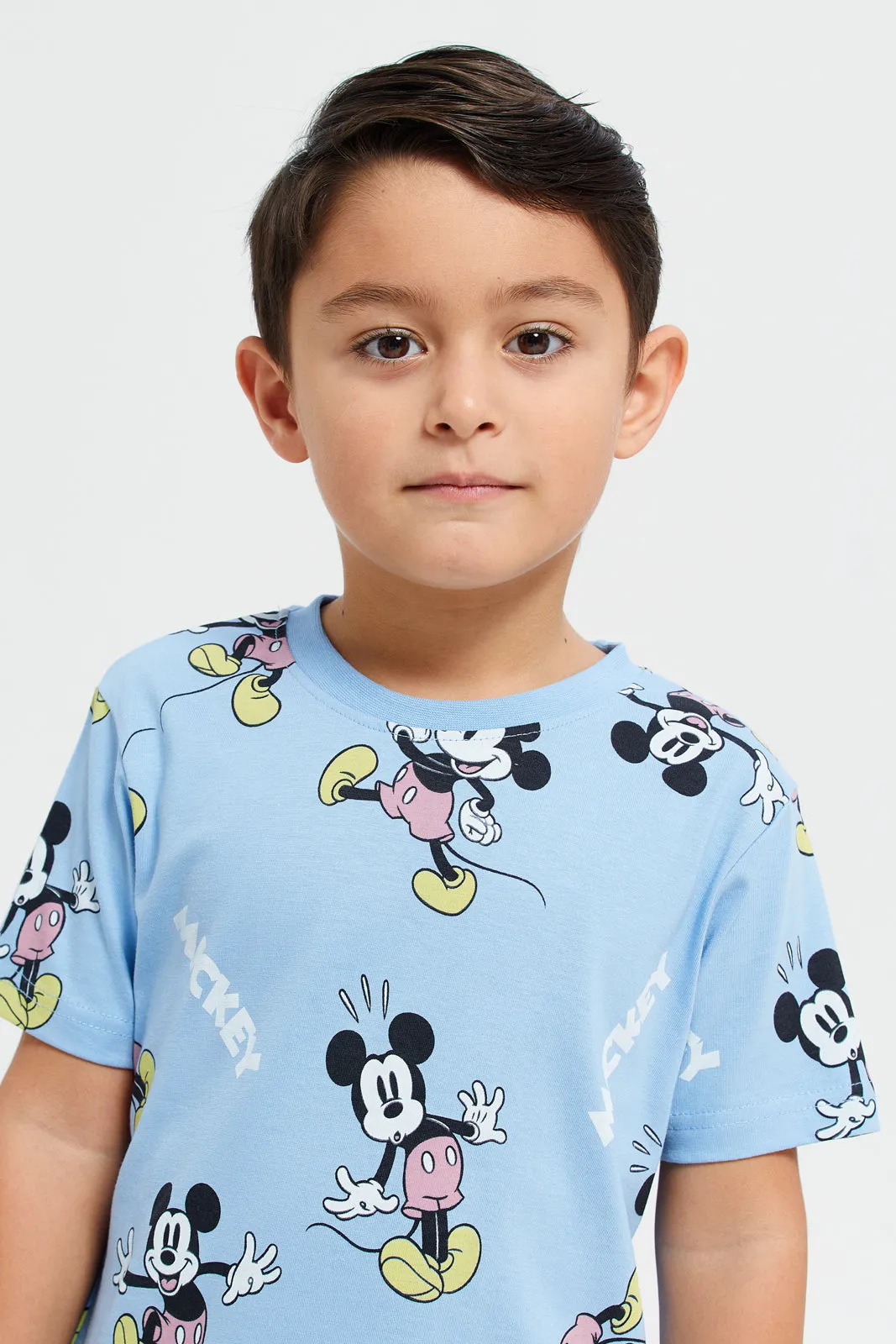 Boys White And Blue Mickey Mouse Print T-Shirt Set (Pack Of 2)