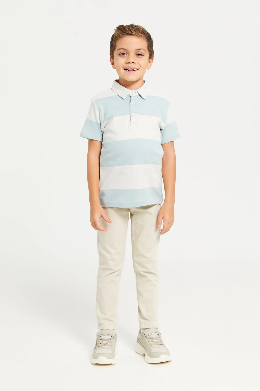 Boys White And Blue Stripe Polo T-Shirt