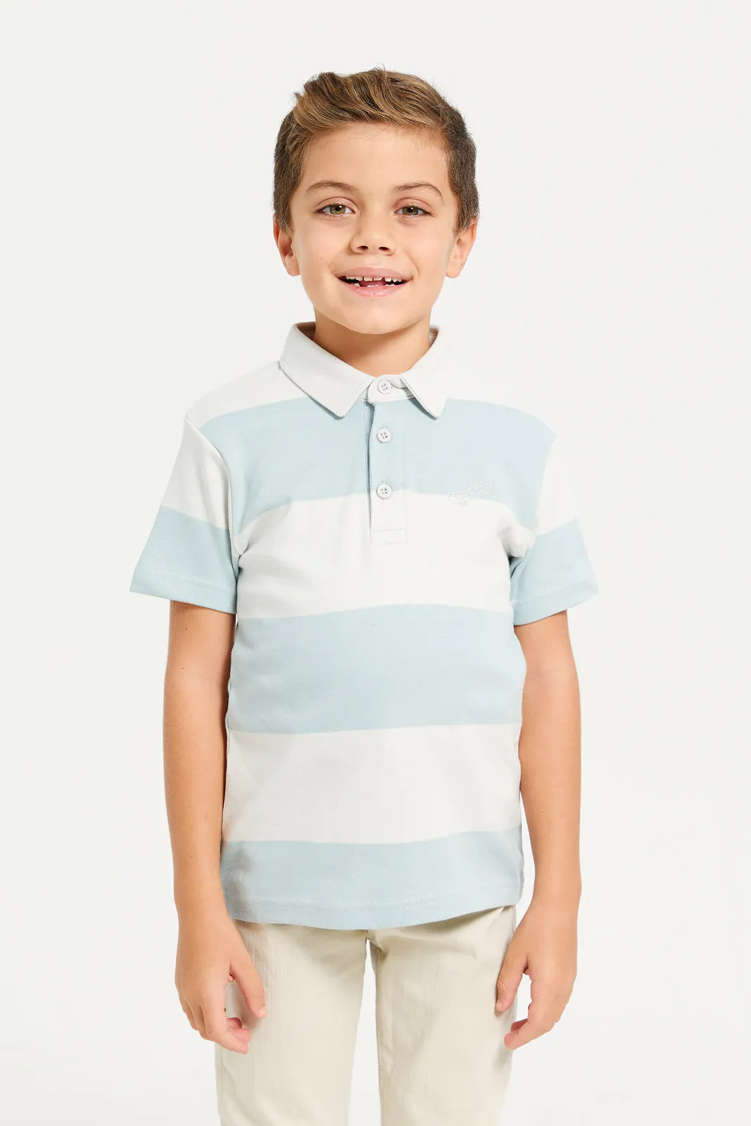 Boys White And Blue Stripe Polo T-Shirt