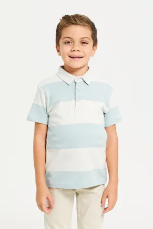 Boys White And Blue Stripe Polo T-Shirt