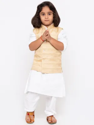 Boys' White Cotton Silk Kurta, Jacket and Pyjama Set