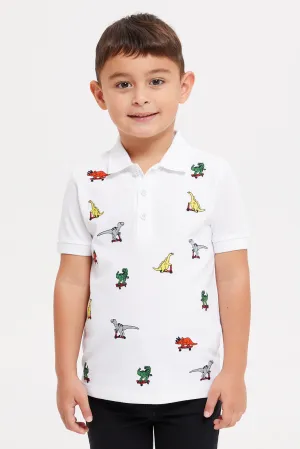 Boys White Embroidered Dino Polo Shirt