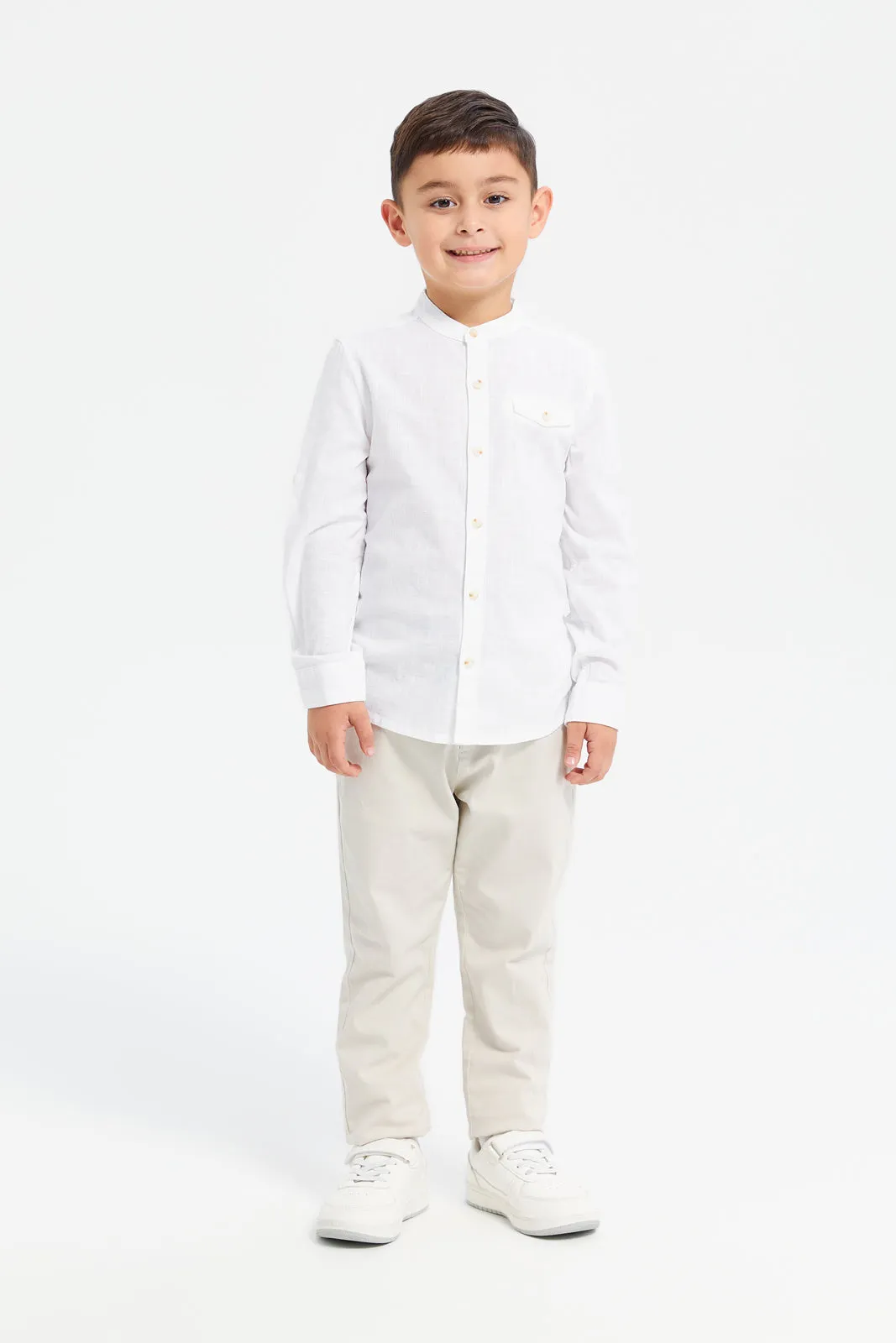 Boys White Long Sleeve Oxford Shirt With Pocket