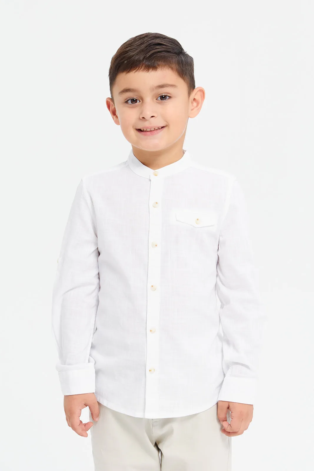 Boys White Long Sleeve Oxford Shirt With Pocket