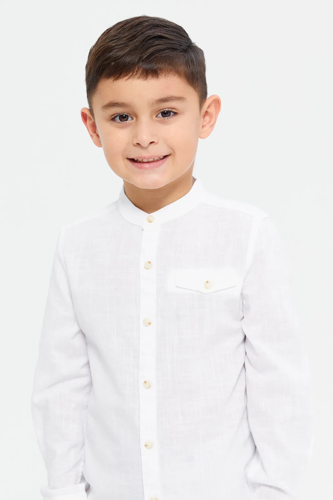 Boys White Long Sleeve Oxford Shirt With Pocket