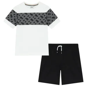 Boys White Monogram Print Shorts Set