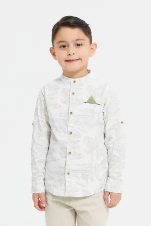 Boys White Printed Mandarin Shirt