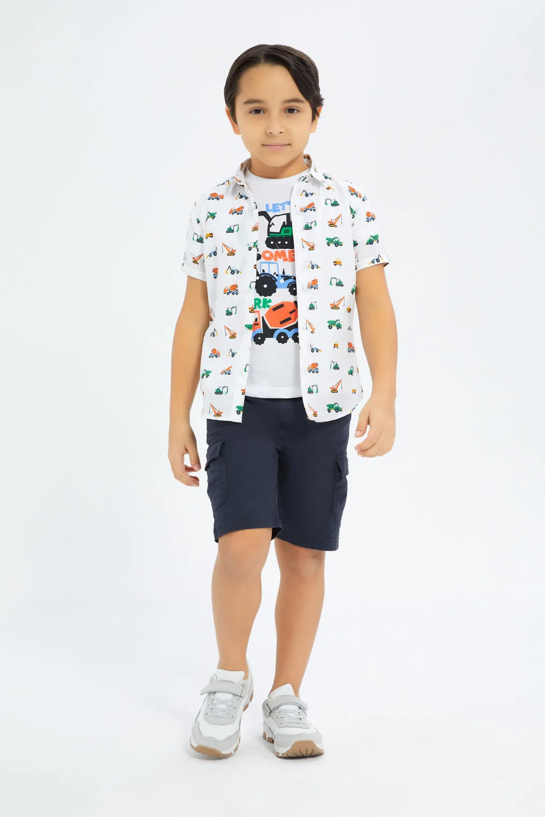 Boys White Printed Shirt Set (2 Piece)