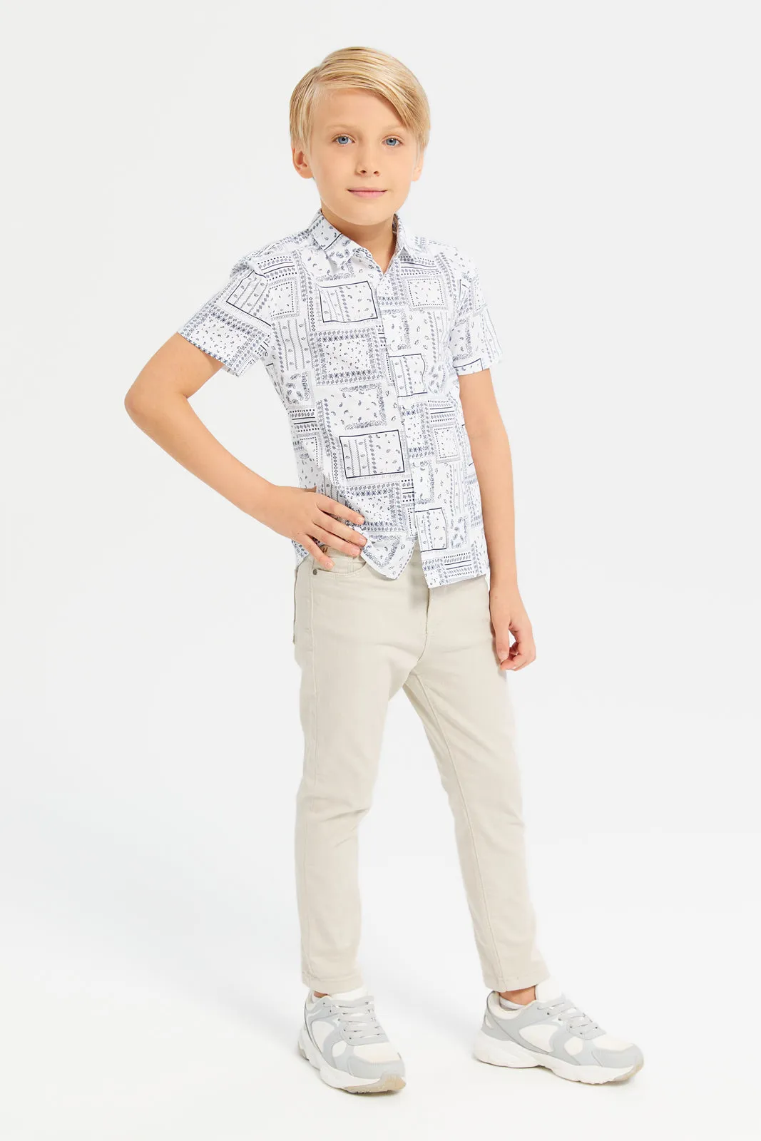 Boys White Printed Short Sleeve Oversized Shirt