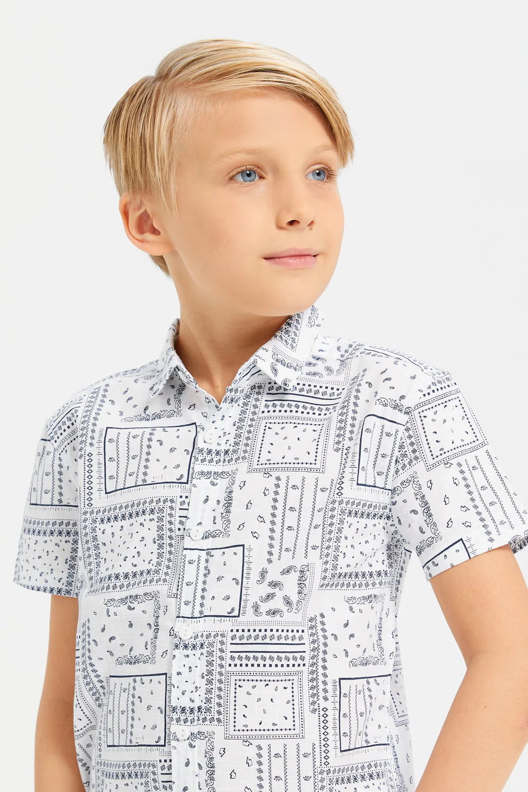 Boys White Printed Short Sleeve Oversized Shirt