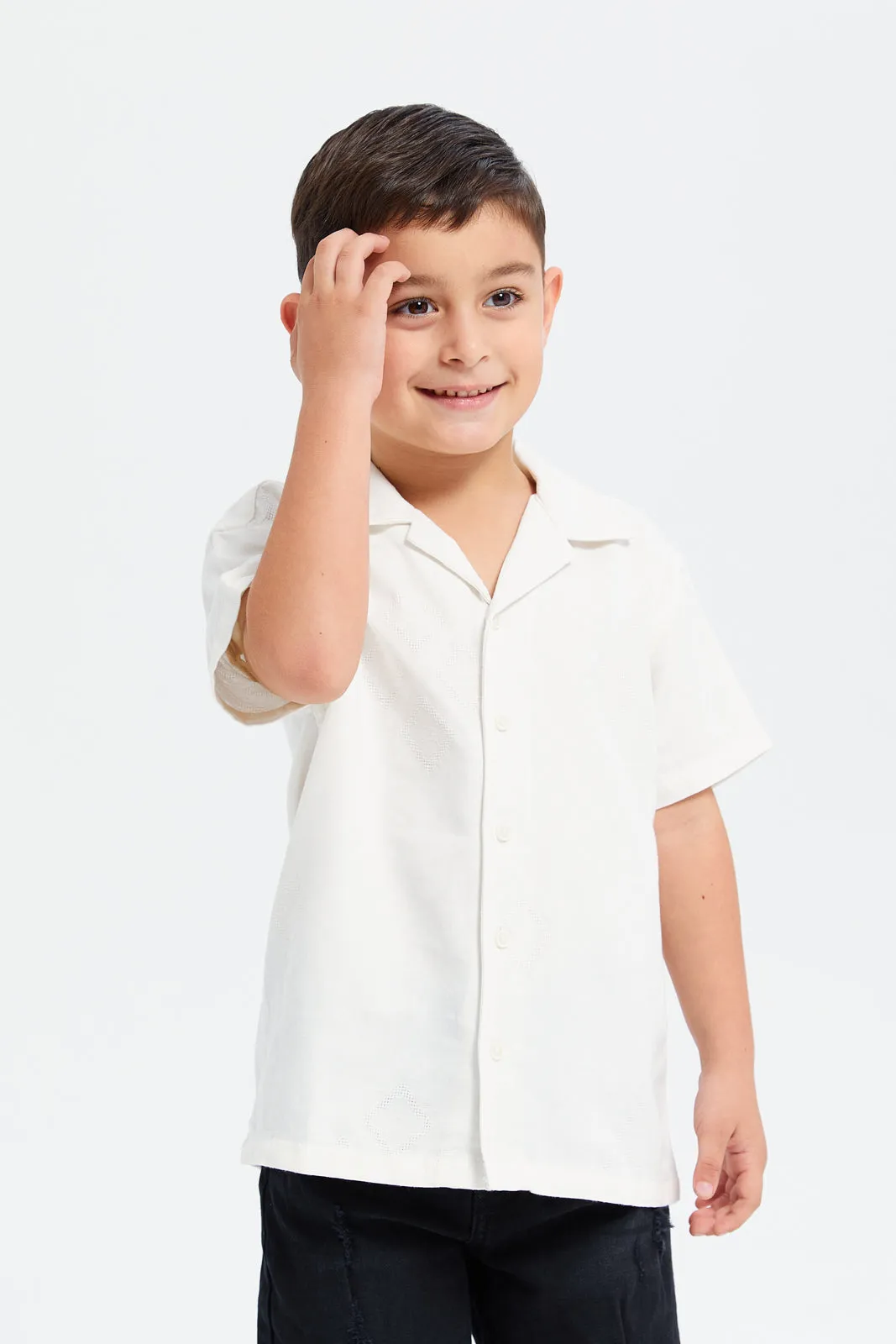 Boys White Short Sleeve Resort Jacquard Shirt