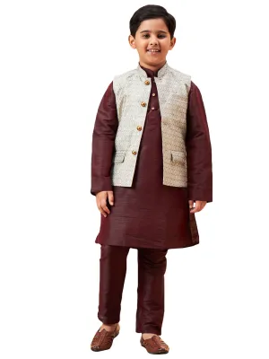 Boy's Wine And Beige Jacket, Kurta And Pyjama Set - Vastramay Boys