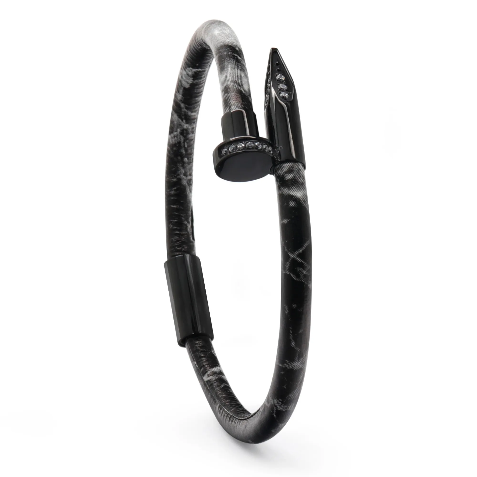 Bracelet Black Nail with Zircon - Black Leather