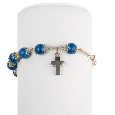 Bracelet - Blue Beads & Silver Metal Cross