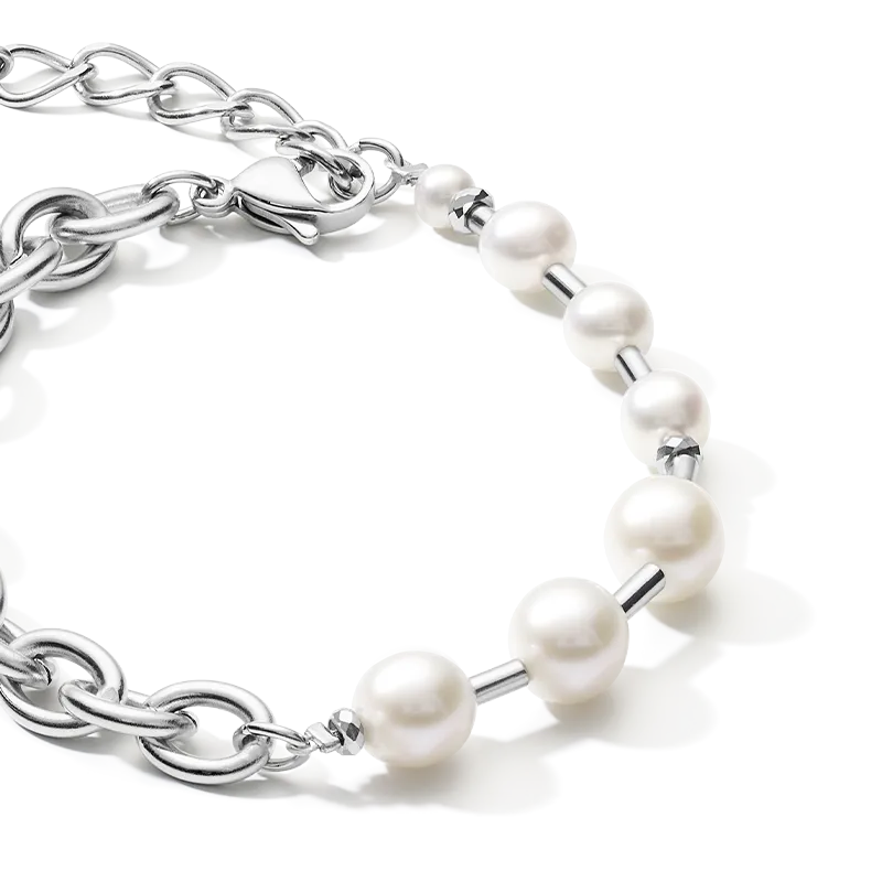 Bracelet freshwater pearls & chunky chain 4-in-1 white-silver