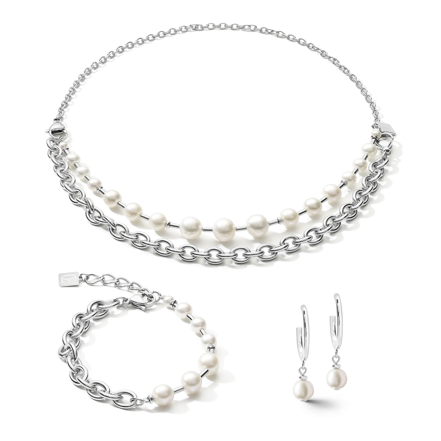 Bracelet freshwater pearls & chunky chain 4-in-1 white-silver